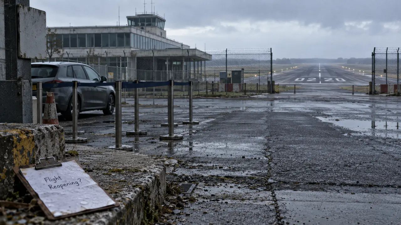 Doncaster Sheffield Airport runway 02/20 view behind fencing