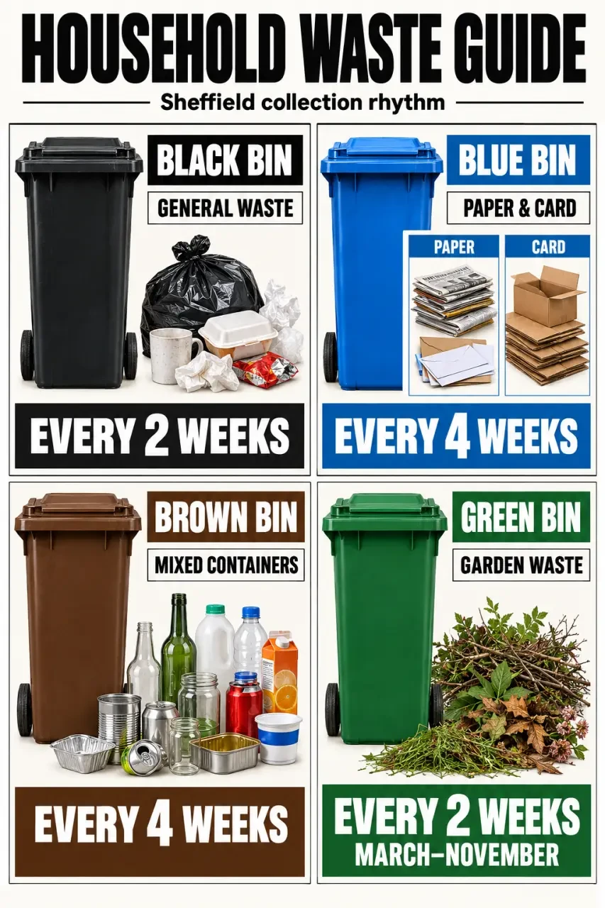 Sheffield bin collection guide showing blue, brown, black and green bins, accepted materials and collection frequencies