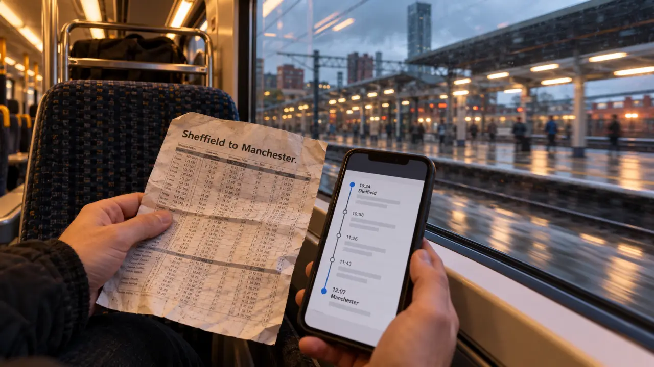 Sheffield to Manchester train interior with timetable and phone route