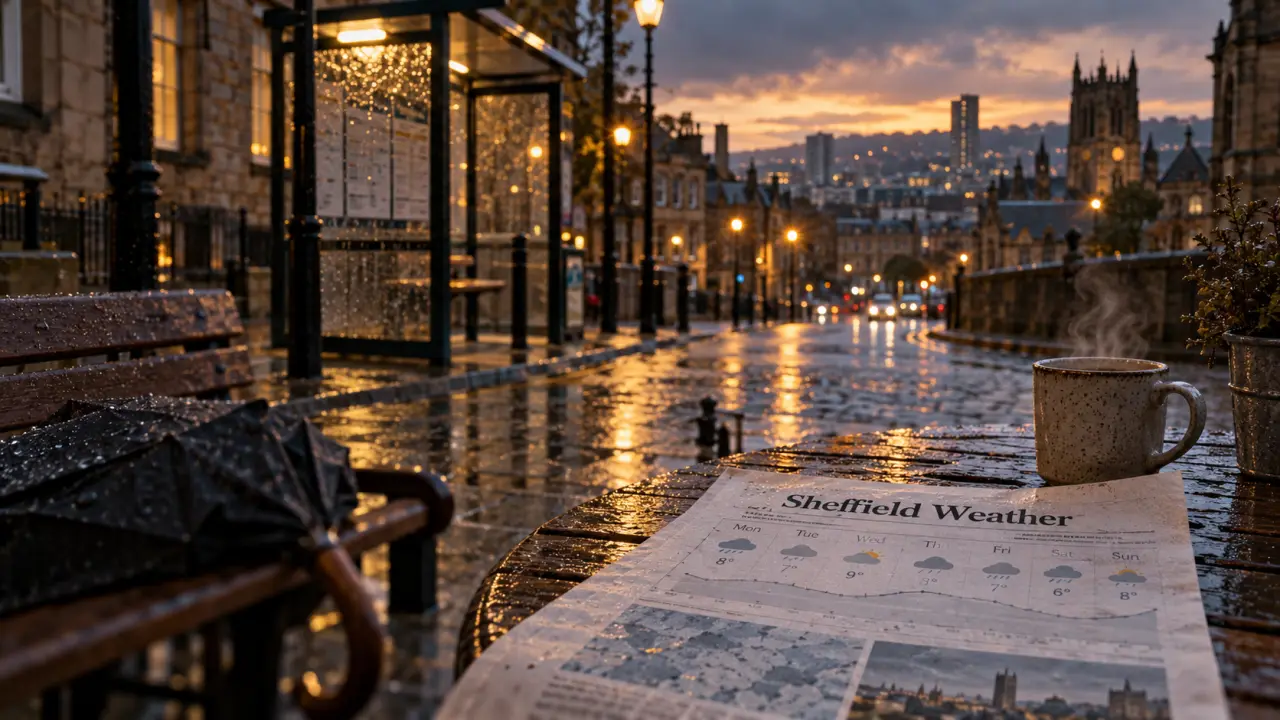 Weather Sheffield in November: cold dusk rain on Sheffield streets